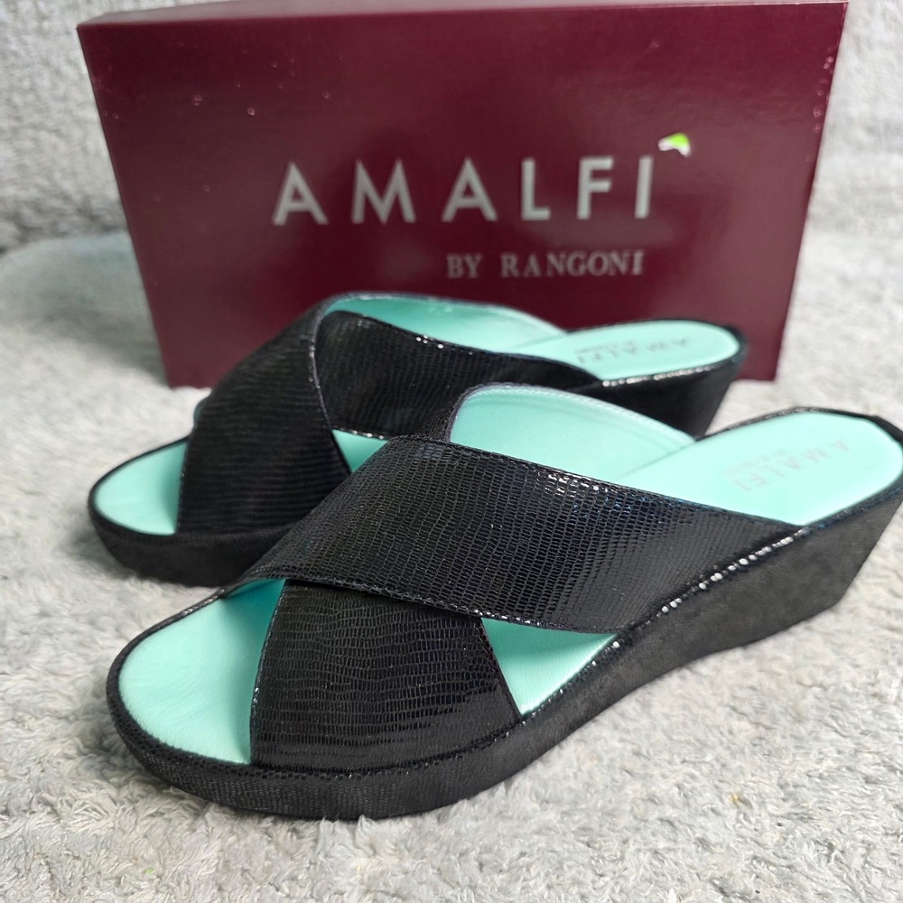 Amalfi by Rangoni Black Italian Leather Wedge Sandals Slides 7‎ Narrow NEW